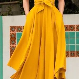Mustard High Waist Maxi Skirt Bow Tie Front Pleated Flared Skirt
